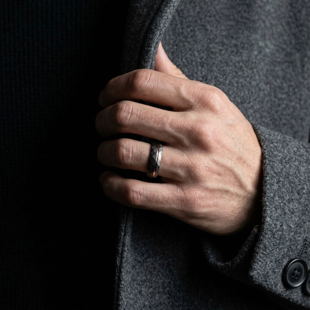 Hammered 6mm Tungsten Ring Black and Silver Brushed with Rose Gold Accent - Tungsten Titans