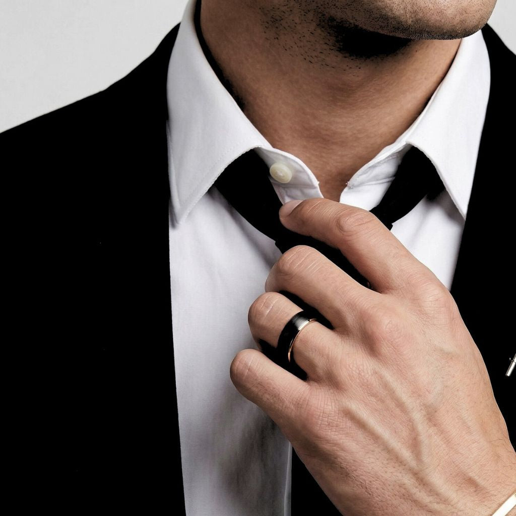 Black Brushed Tungsten 6mm Ring with Rose Gold Band - Tungsten Titans