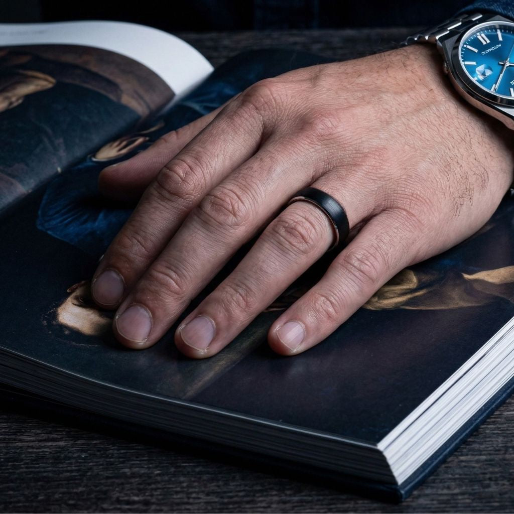 Black Brushed Tungsten 6mm Ring with Silver band - Tungsten Titans