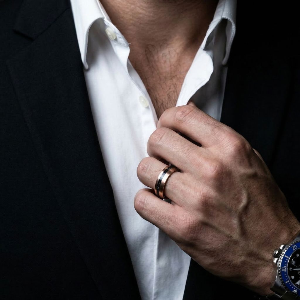 Tungsten Rose Gold 6mm Ring Black Druzy Quartz Wedding Band - Tungsten Titans