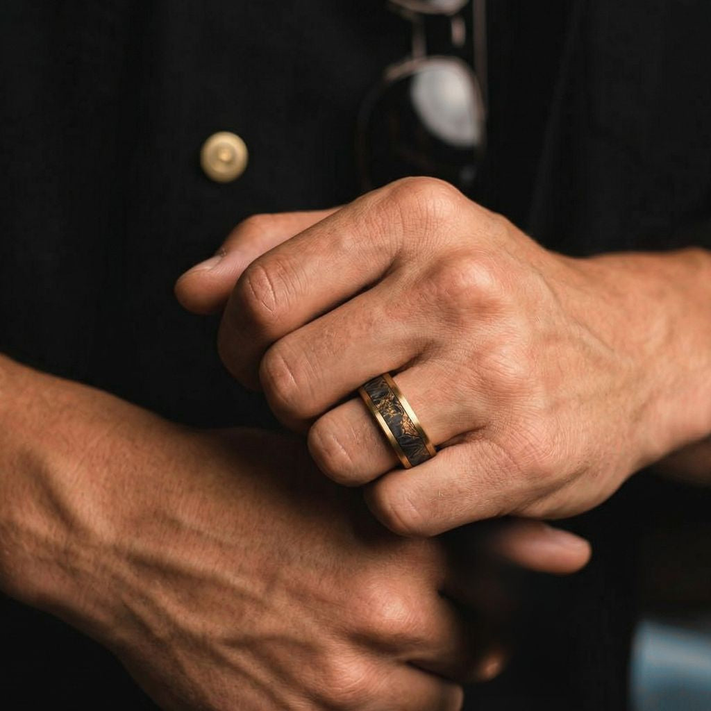 Forged Carbon Fiber & Yellow Gold 8mm Tungsten Ring - Tungsten Titans