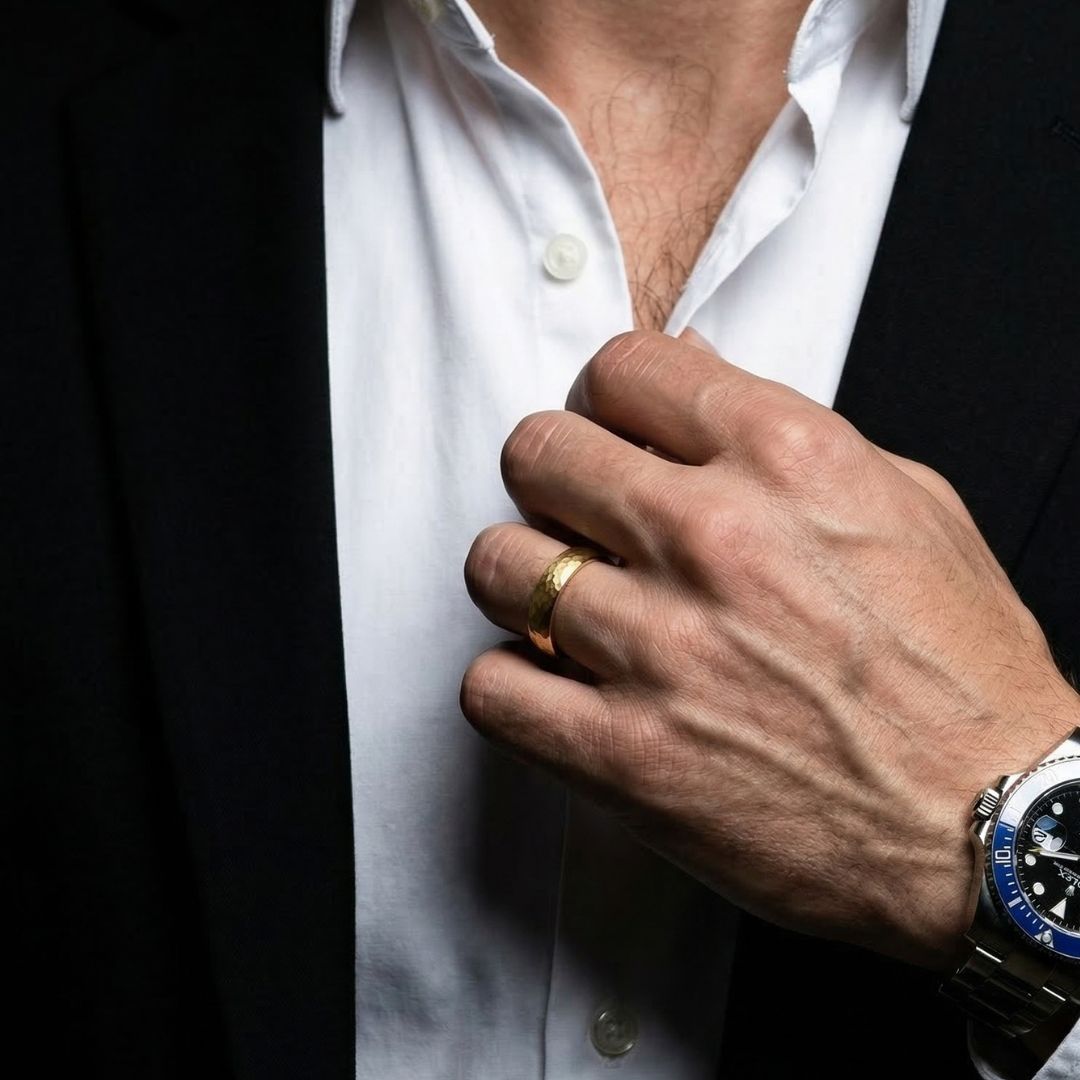 Tungsten 6mm Ring Hammered Gold with Comfort fit band - Tungsten Titans