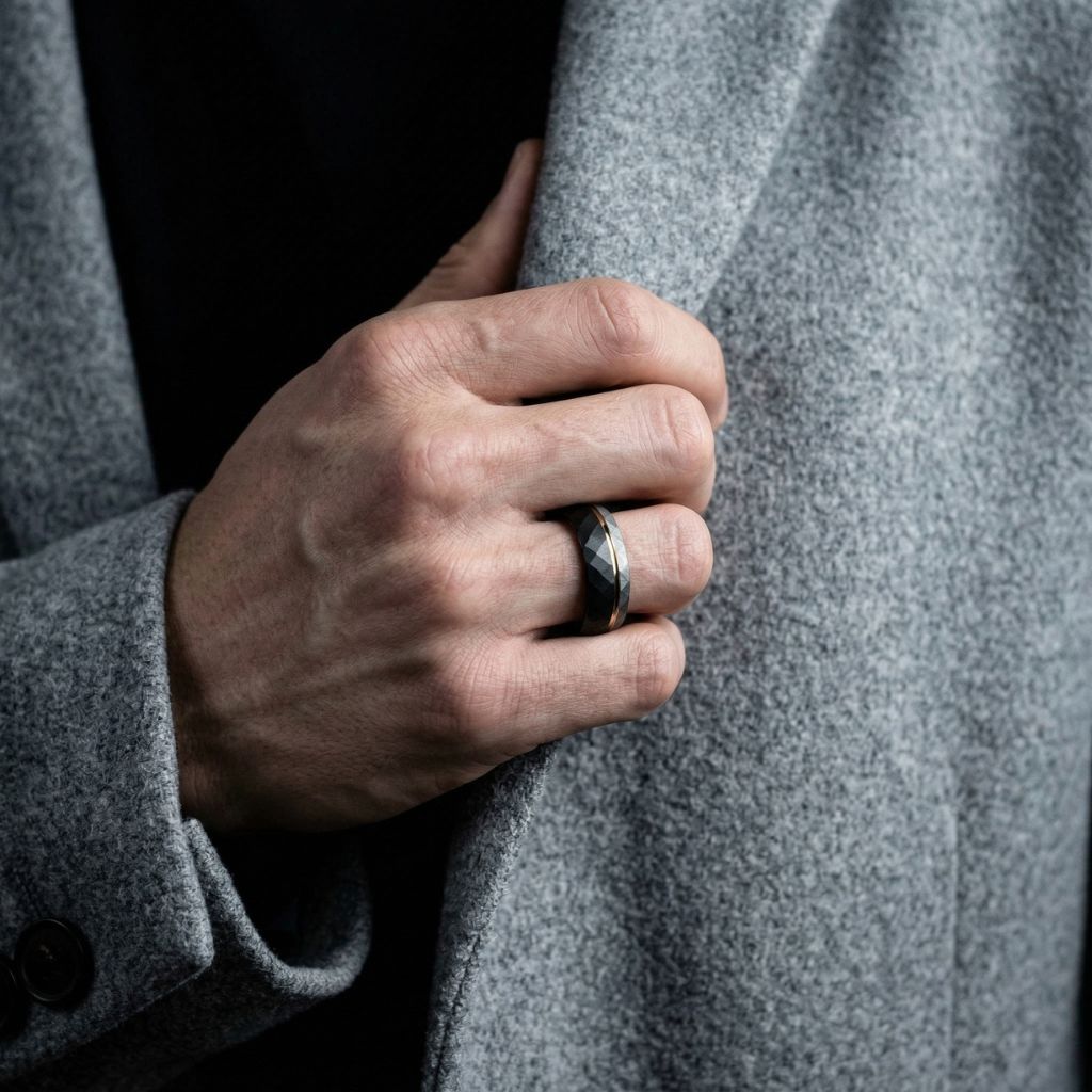 Hammered 8mm Tungsten Ring Black and Silver Brushed with Gold Accent - Tungsten Titans