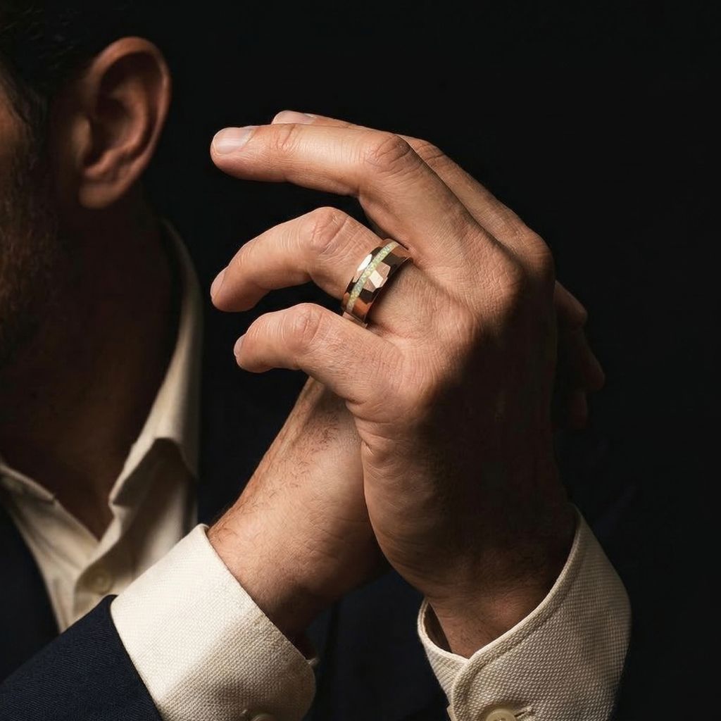 Tungsten 8mm Hammered Rose Gold Ring with Crushed Opal Centre - Tungsten Titans