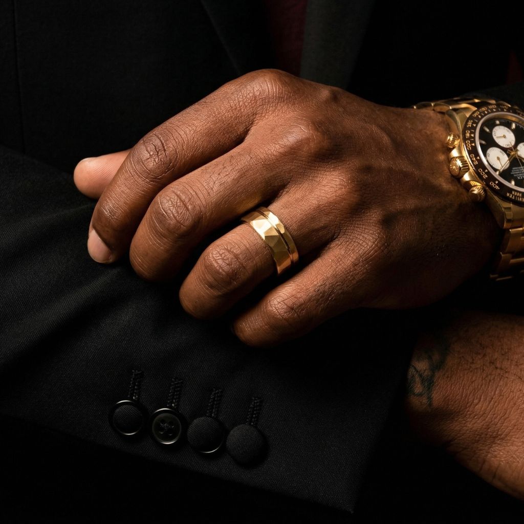 Hammered Tungsten Ring 8mm Gold Brushed with Polished Gold Accent - Tungsten Titans