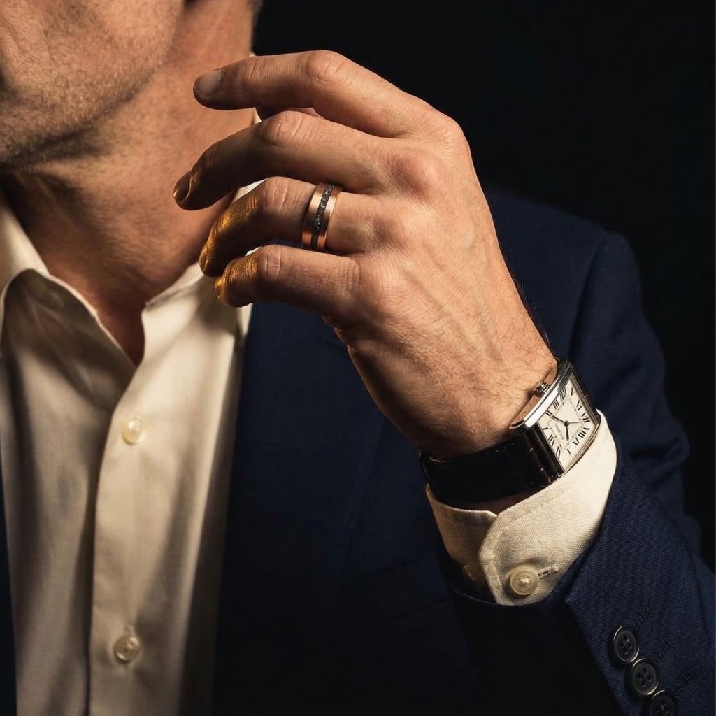 Tungsten 8mm Ring Rose Gold with Black Druzy Quartz and Meteorite - Tungsten Titans