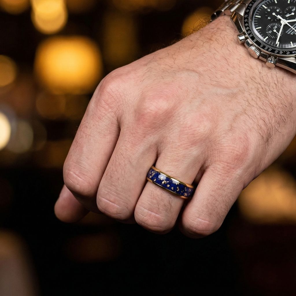 Tungsten 6mm Gold Ring with Lapis Lazuli & Gold Leaf Inlay - Tungsten Titans