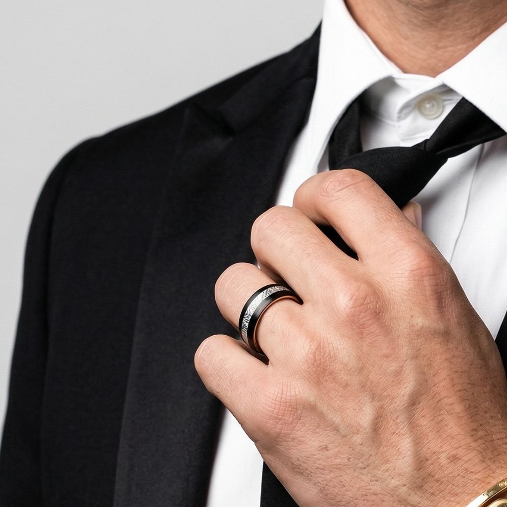 Tungsten 8mm Ring Black with Meteorite and Rose Gold Inner Band - Tungsten Titans