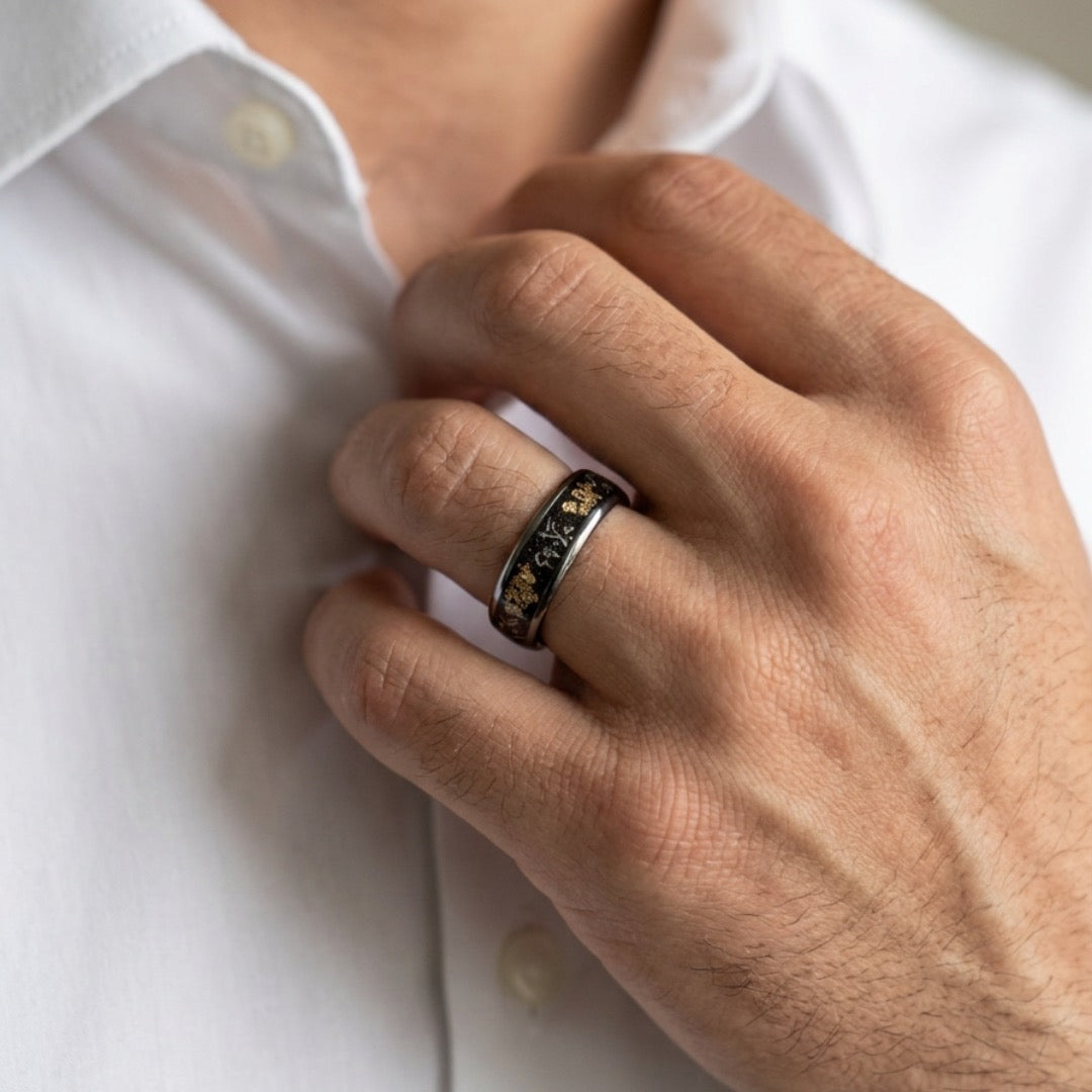 Tungsten 6mm Ring with Meteorite & Gold Leaf Inlay