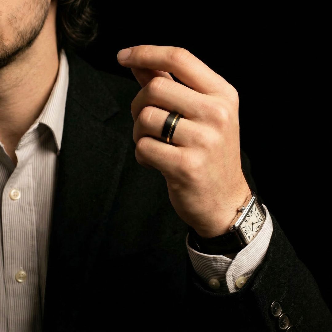 Tungsten 8mm Ring Brushed Black with Gold Accent Stripe - Tungsten Titans