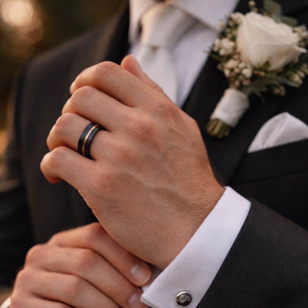 Black 8mm Tungsten Ring with Rose Gold Center - Tungsten Titans