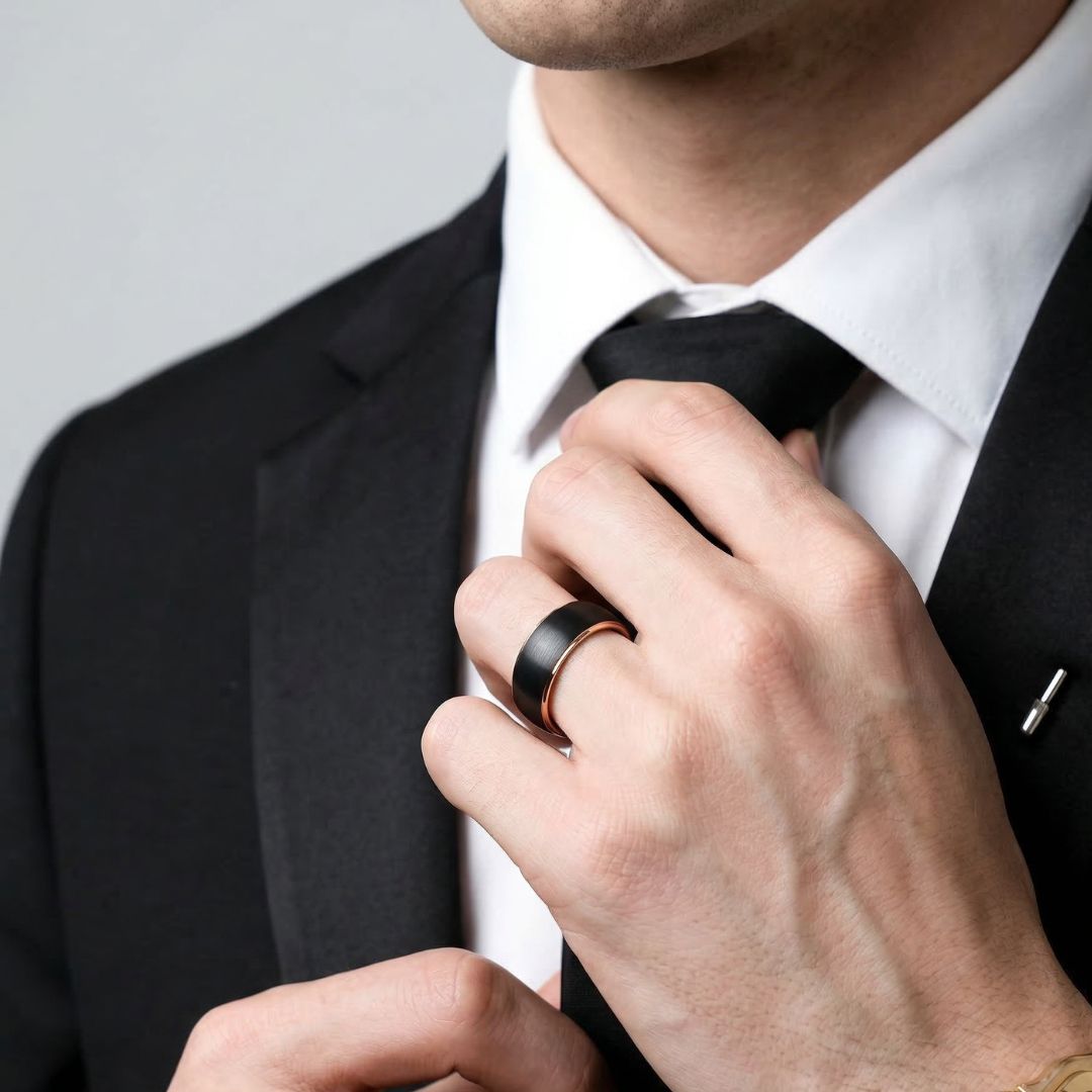 Black Brushed 8mm Tungsten Ring with Rose Gold Band - Tungsten Titans