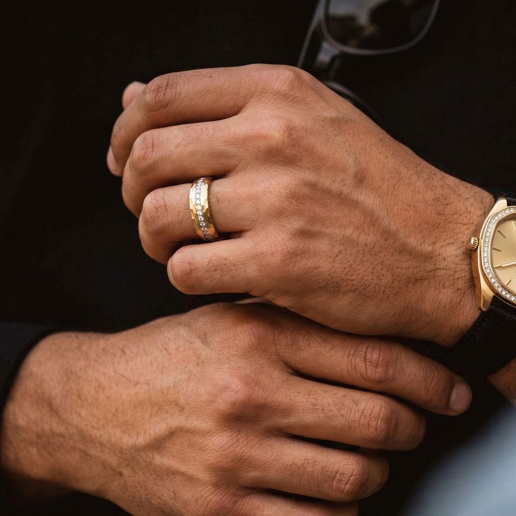 Hammered Gold Tungsten Ring with Brilliant Simulated Diamond Inlay - Tungsten Titans