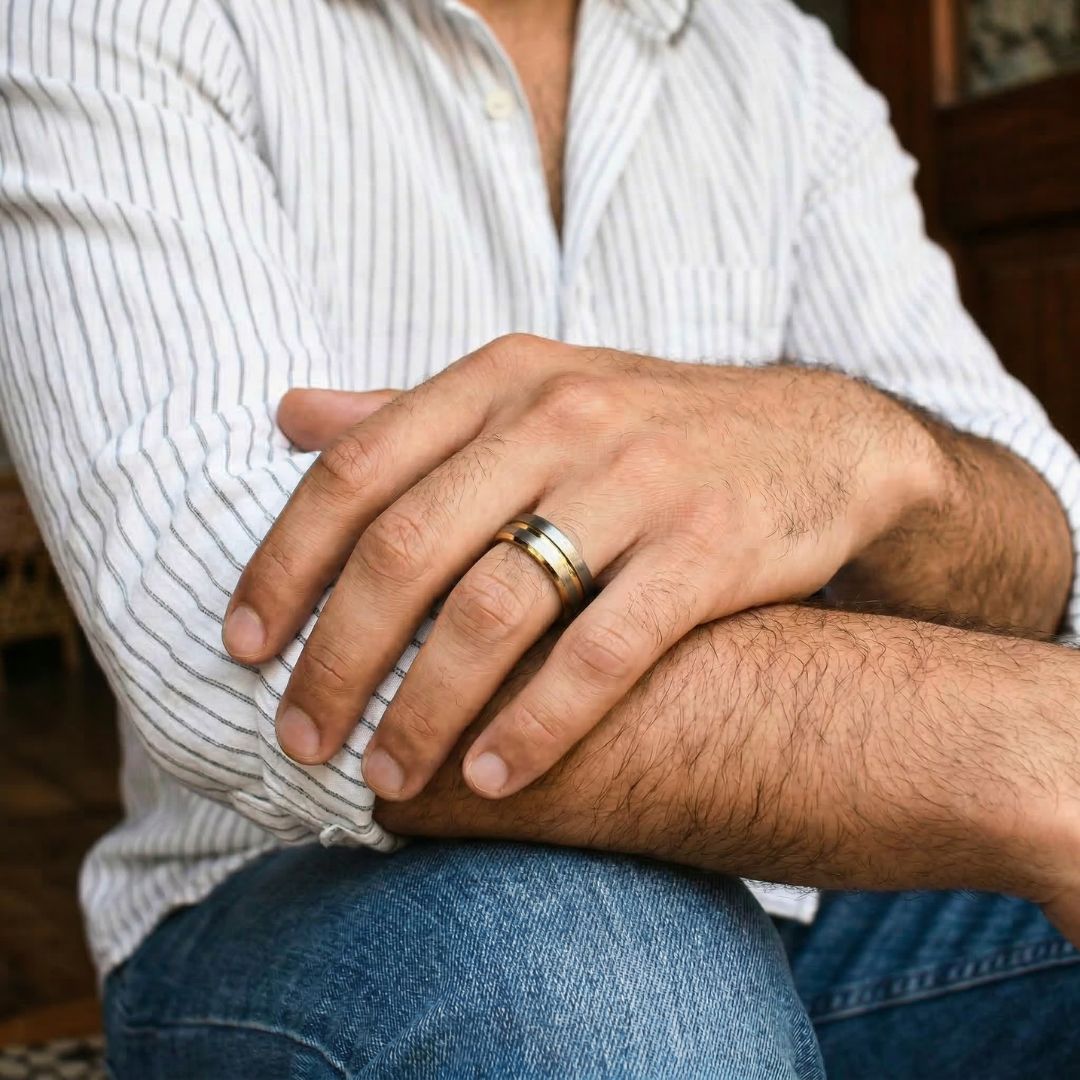 Tungsten 8mm Gold Ring with Brushed Silver Bands - Tungsten Titans