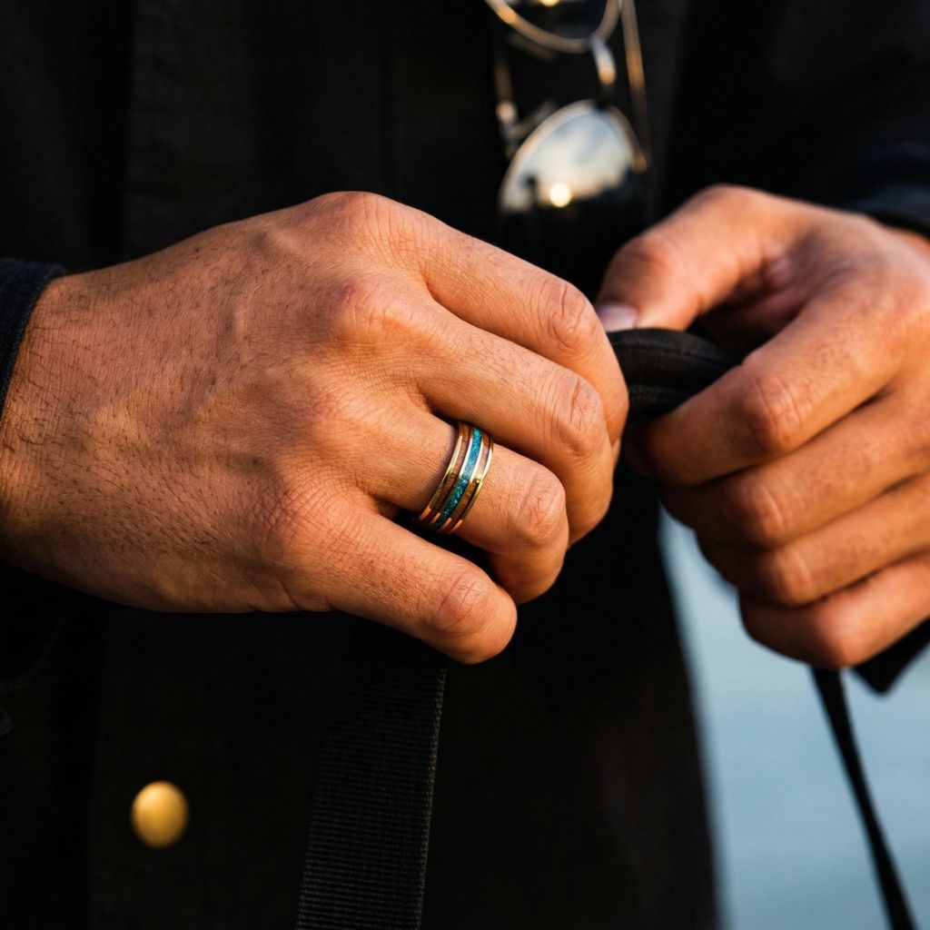 Tungsten 8mm Yellow Gold Ring with Crushed Green & Blue Opal and Whiskey Barrel - Tungsten Titans
