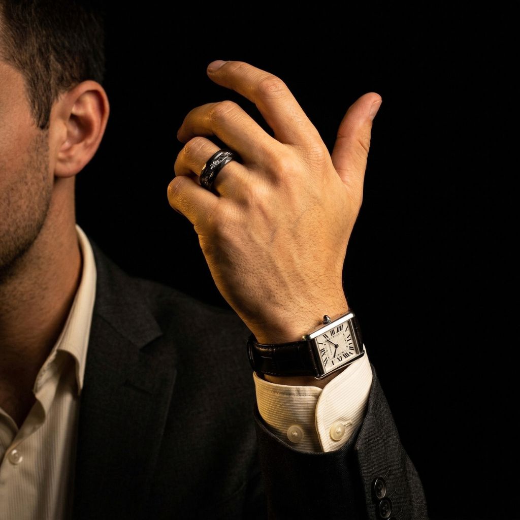 Hammered 8mm Black Tungsten Ring with White Gold Leaf and Meteorite Inlay - Tungsten Titans