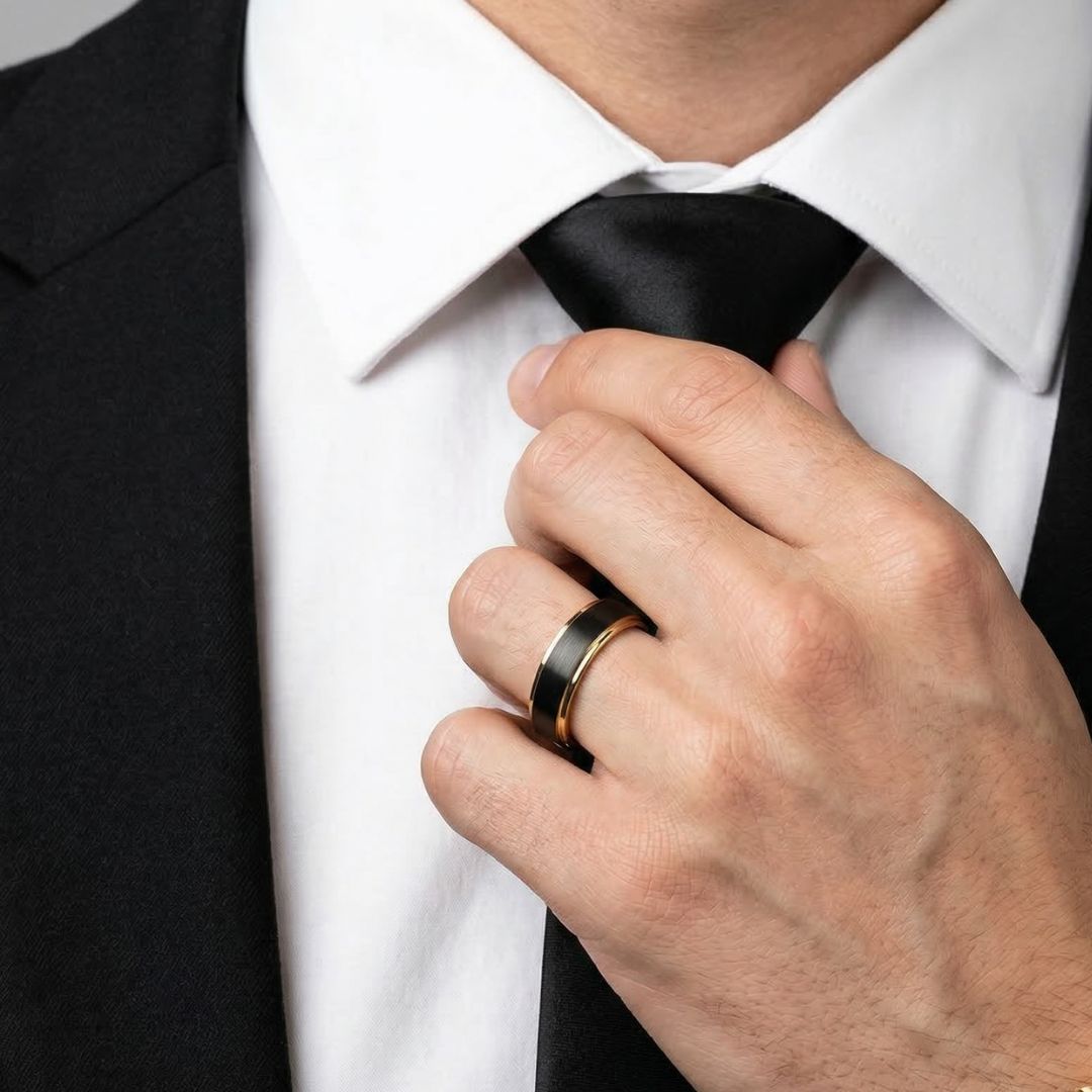 Black 5mm Tungsten Ring with Gold Bevelled Edges - Tungsten Titans