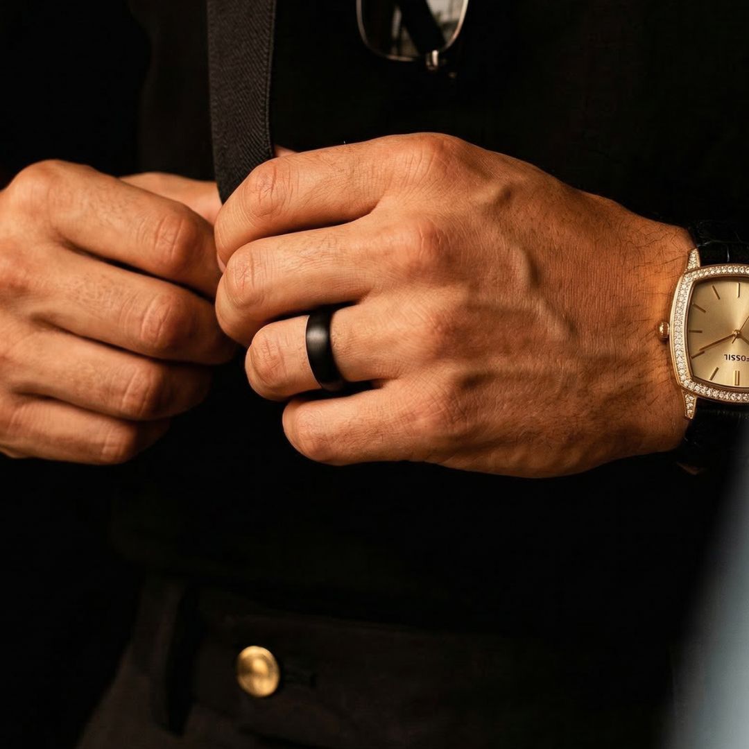 Black Brushed Tungsten 6mm Ring with Black Polished Inner Band - Tungsten Titans