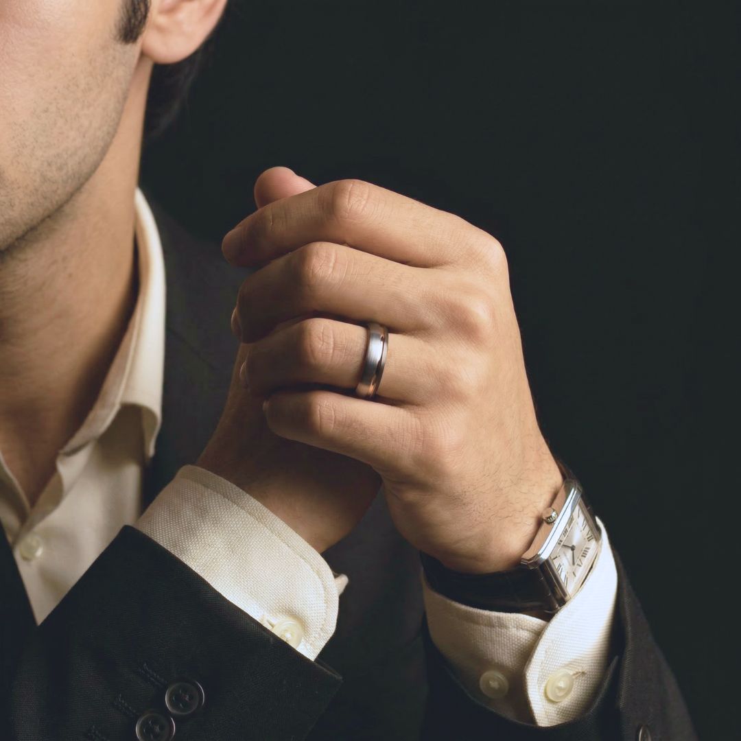 Domed 5mm Tungsten Ring Black and Silver Brushed with Rose Gold Accent - Tungsten Titans