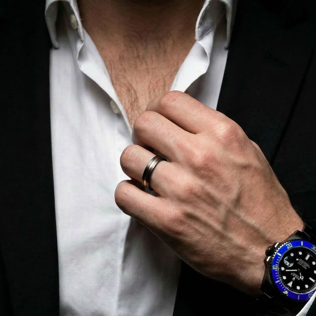 Black Tungsten 5mm Ring with Rose Gold Center - Tungsten Titans