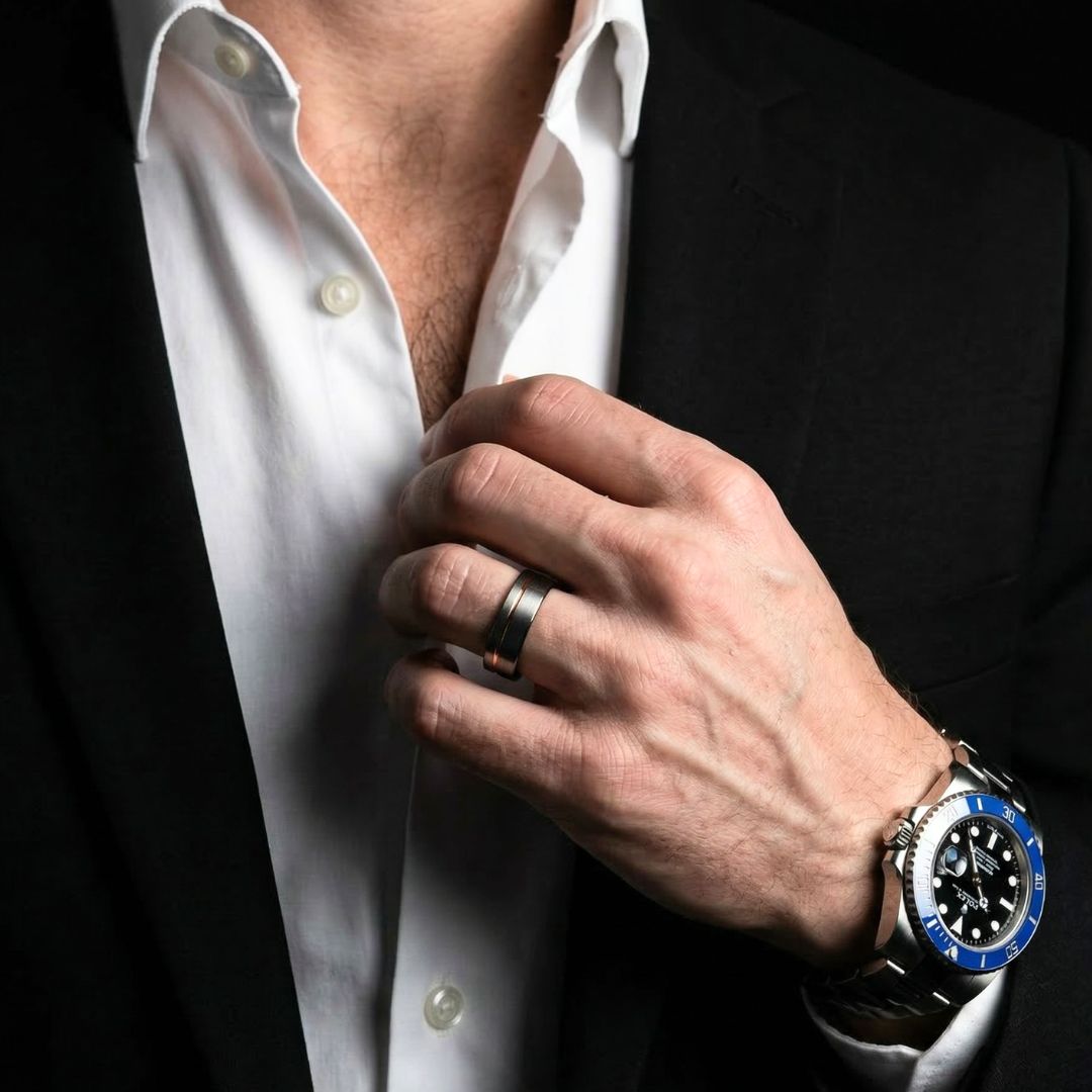 Tungsten Ring 8mm Brushed Silver with Rose Gold Stripe and Black Sides - Tungsten Titans