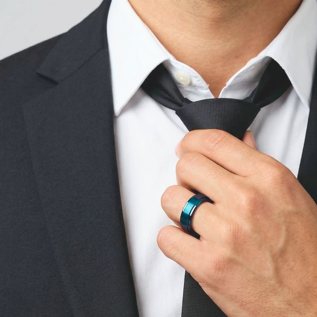 Tungsten Ring Blue 6mm Brushed Center with a Deep Stepped Edge - Tungsten Titans