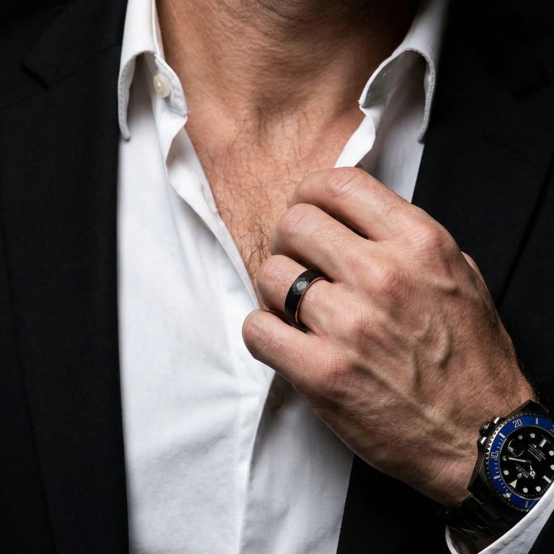 Hammered Black Tungsten 6mm Ring with Rose Gold Band - Tungsten Titans