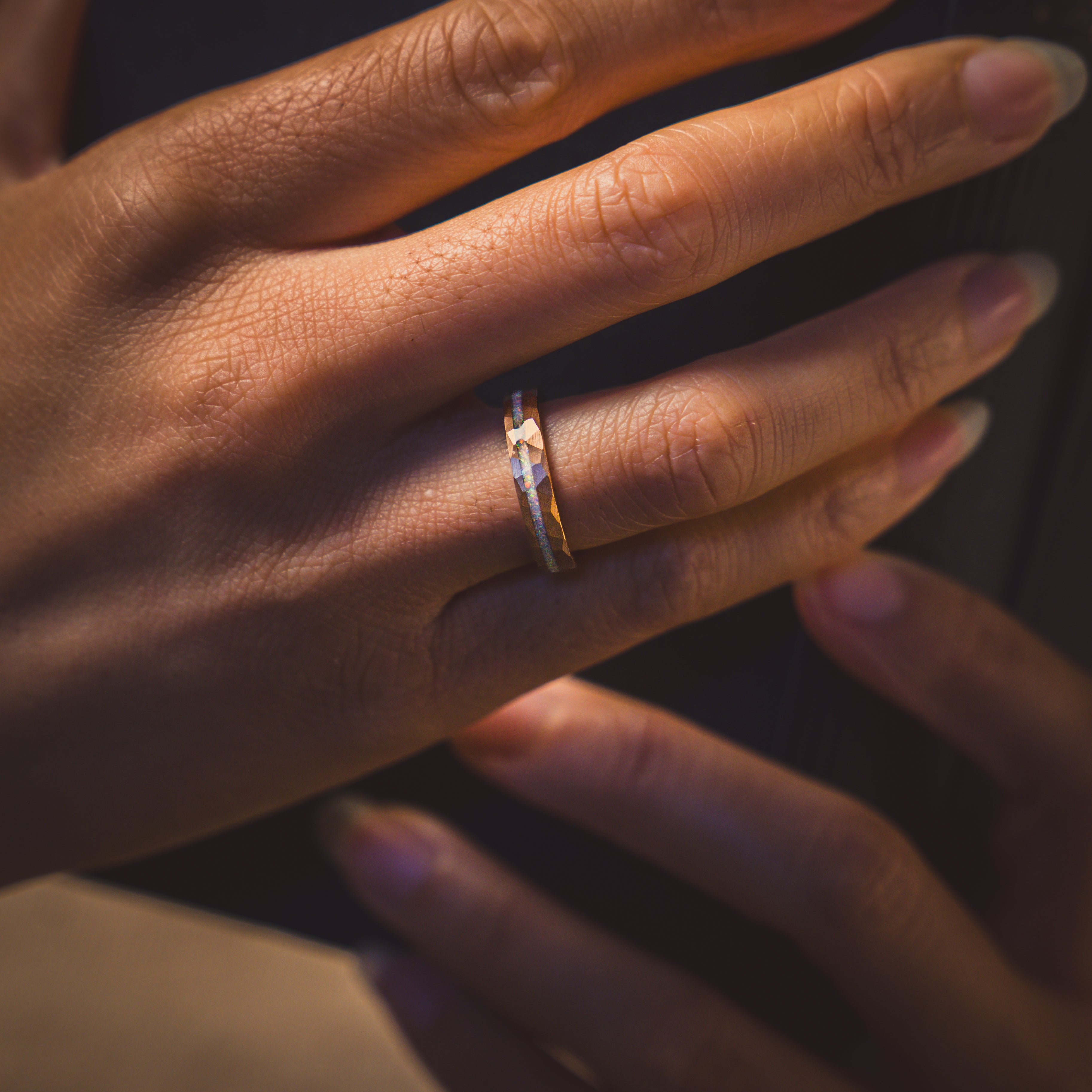 Tungsten 4mm Hammered Rose Gold Ring with Crushed Opal Centre - Tungsten Titans