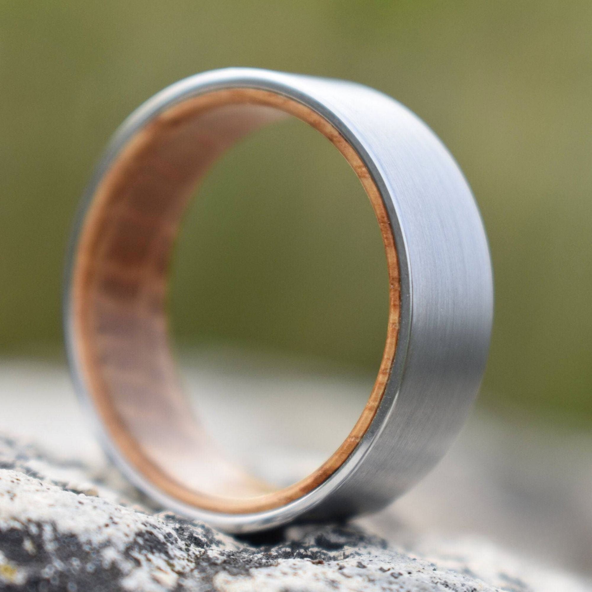 Silver Tungsten 8mm Ring with Whiskey Barrel Inner Band - Tungsten Titans