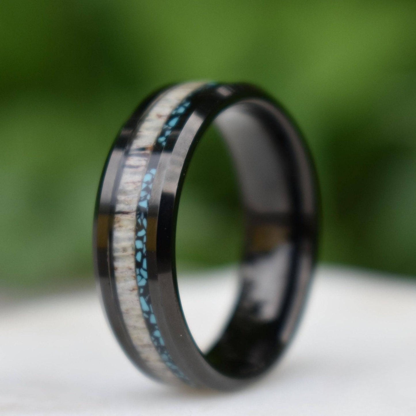 Tungsten 8mm Ring Black with Deer Antler and Crushed Turquoise - Tungsten Titans