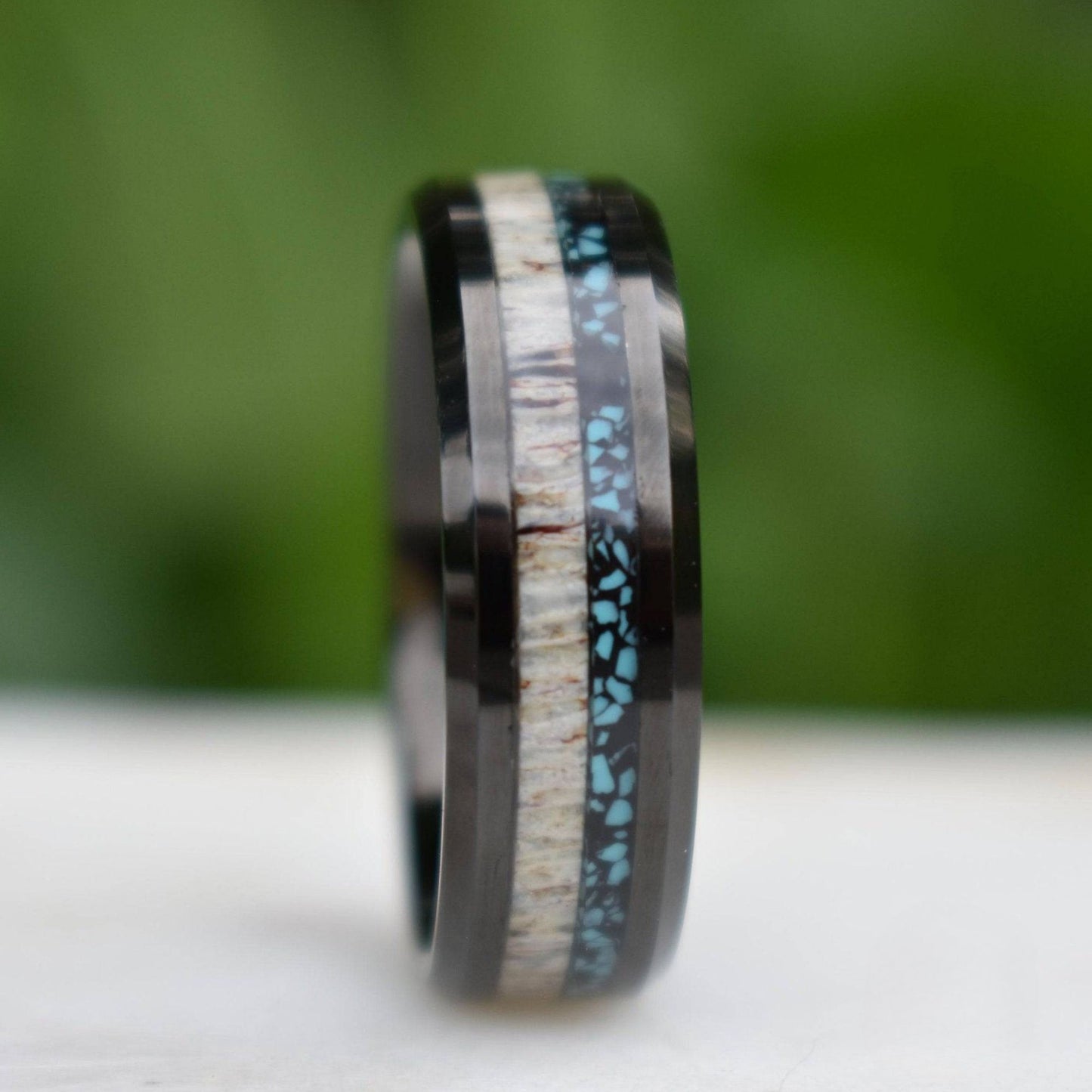 Tungsten 8mm Ring Black with Deer Antler and Crushed Turquoise - Tungsten Titans