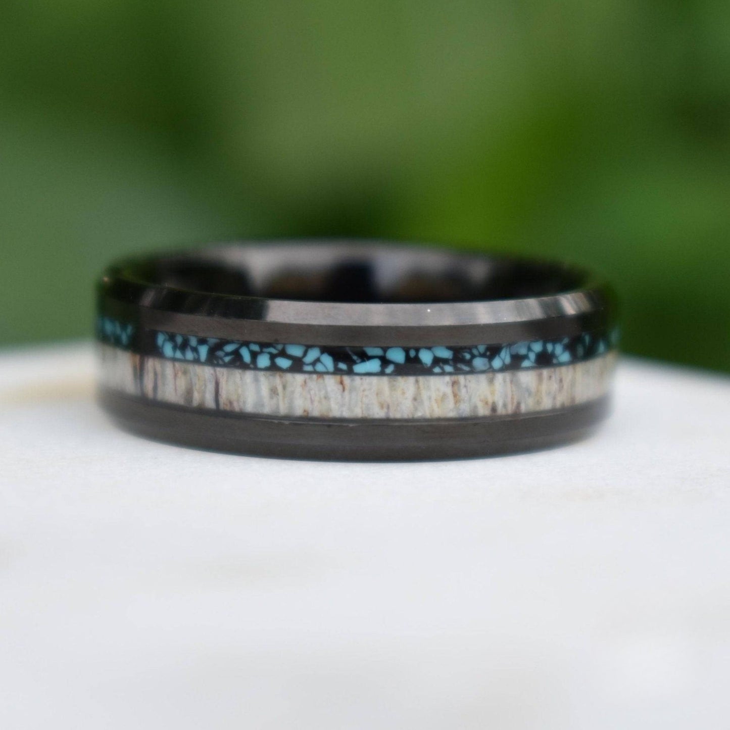 Tungsten 8mm Ring Black with Deer Antler and Crushed Turquoise - Tungsten Titans