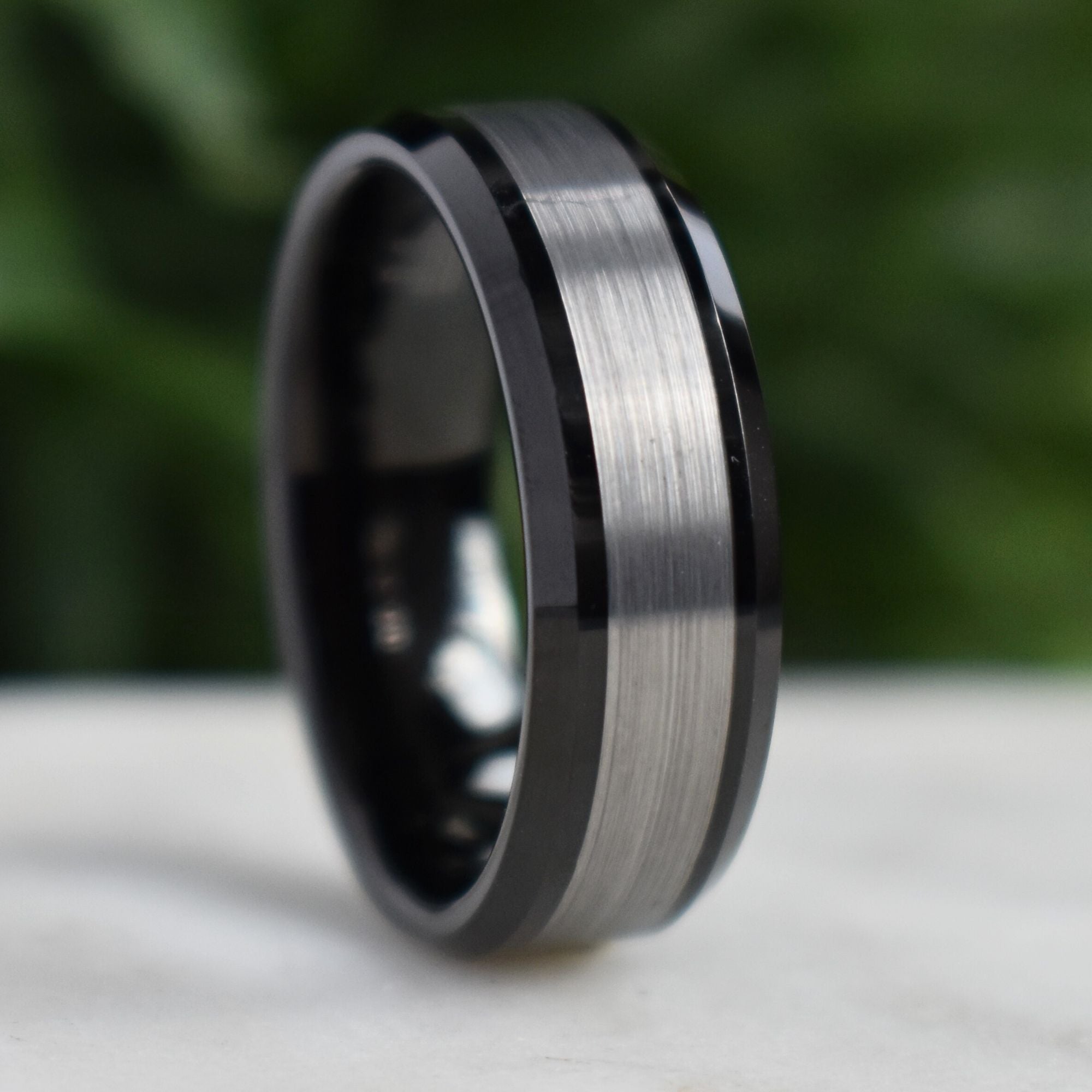 Tungsten 8mm Ring Black with Brushed Silver Center - Tungsten Titans