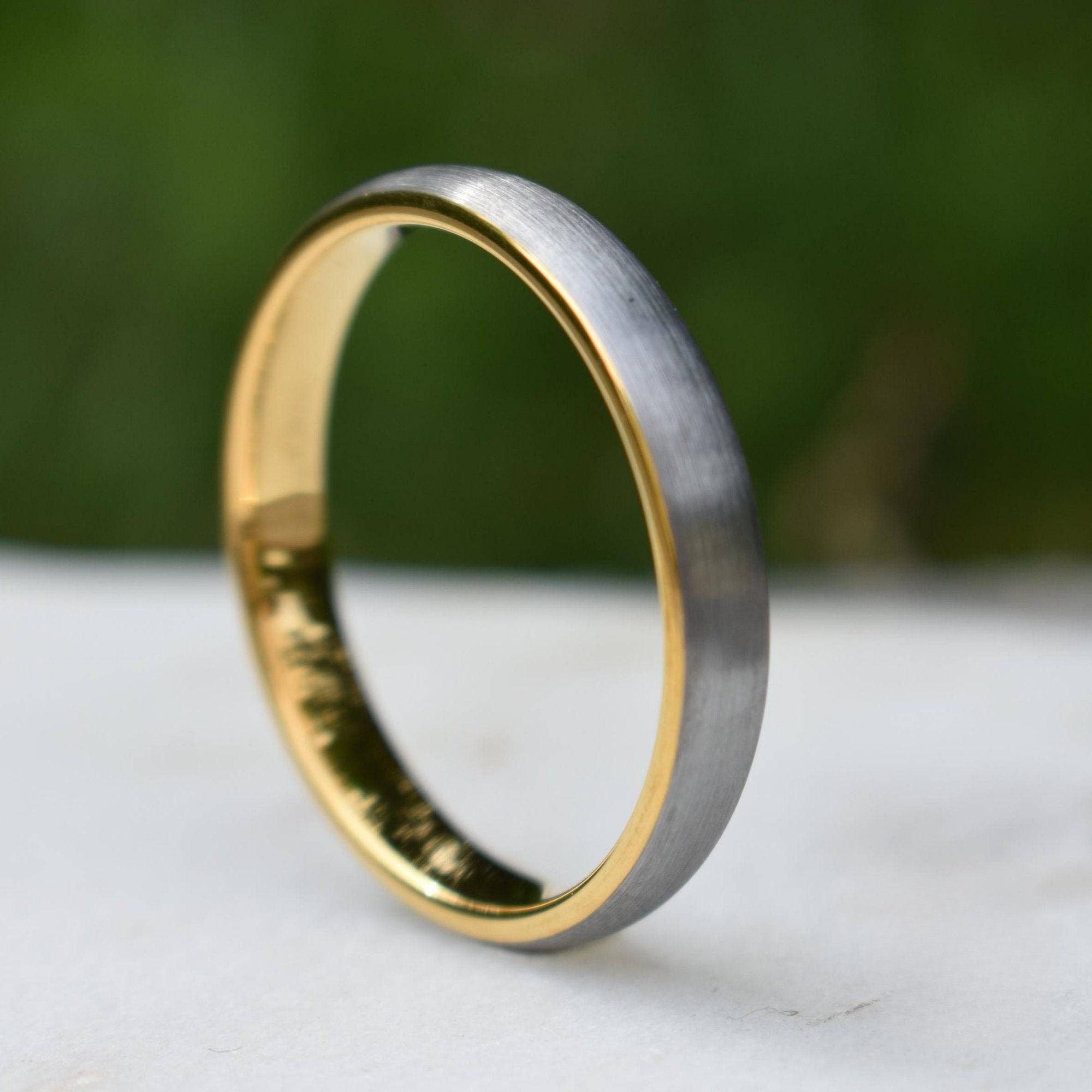 Tungsten Ring 4mm Brushed Silver with Yellow Gold Comfort fit band - Tungsten Titans