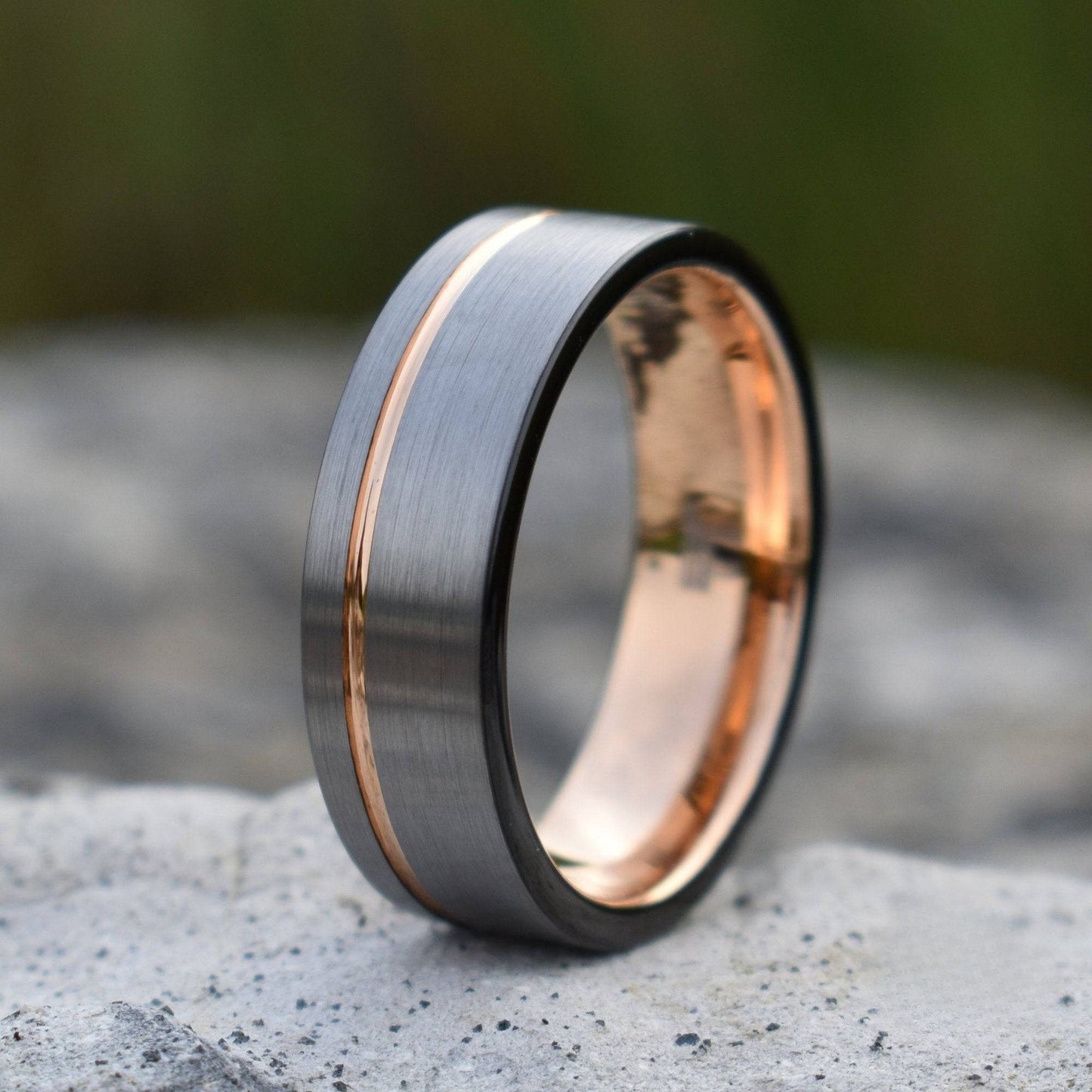 Tungsten Ring 8mm Brushed Silver with Rose Gold Stripe and Black Sides - Tungsten Titans