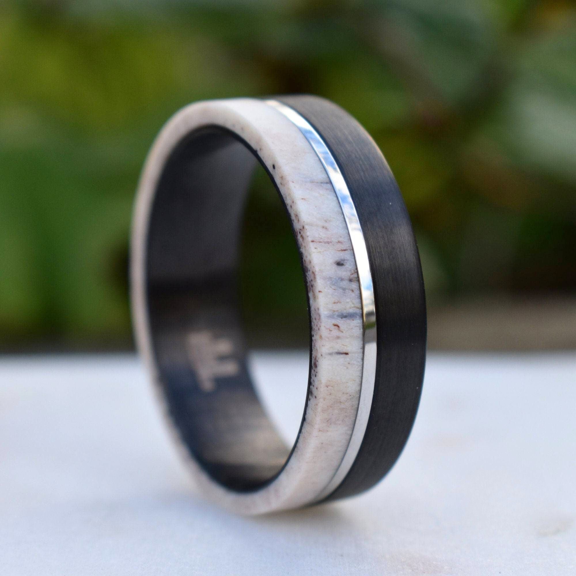 Deer Antler and Brushed Black Tungsten Ring with Polished Silver Tungsten Center - Tungsten Titans