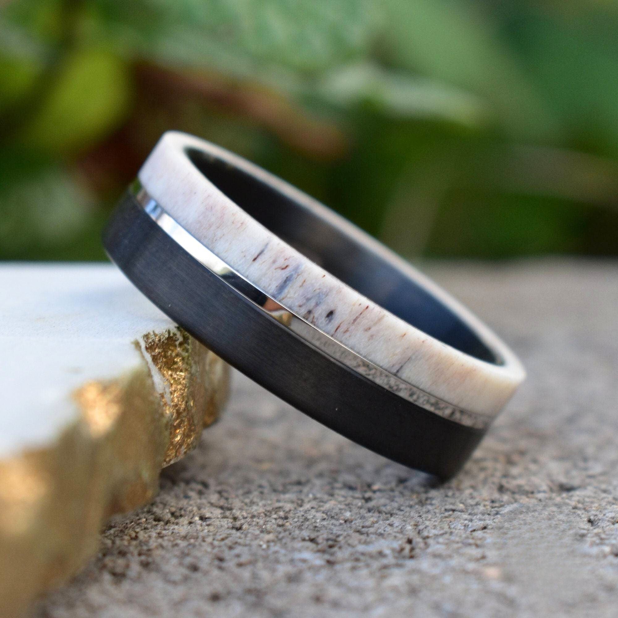 Deer Antler and Brushed Black Tungsten Ring with Polished Silver Tungsten Center - Tungsten Titans