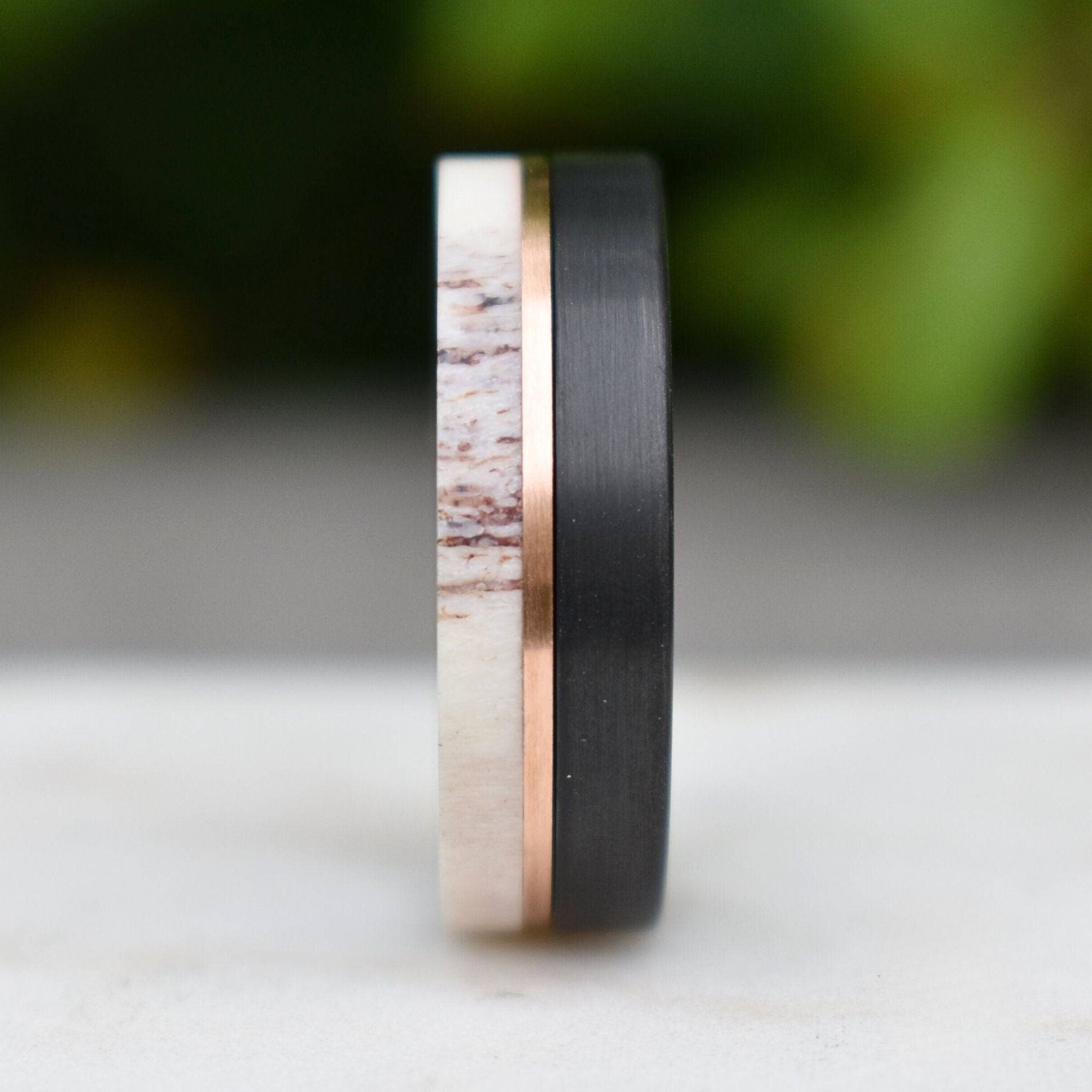 Deer Antler and Brushed Black 8mm Tungsten Ring with Rose Gold Center - Tungsten Titans