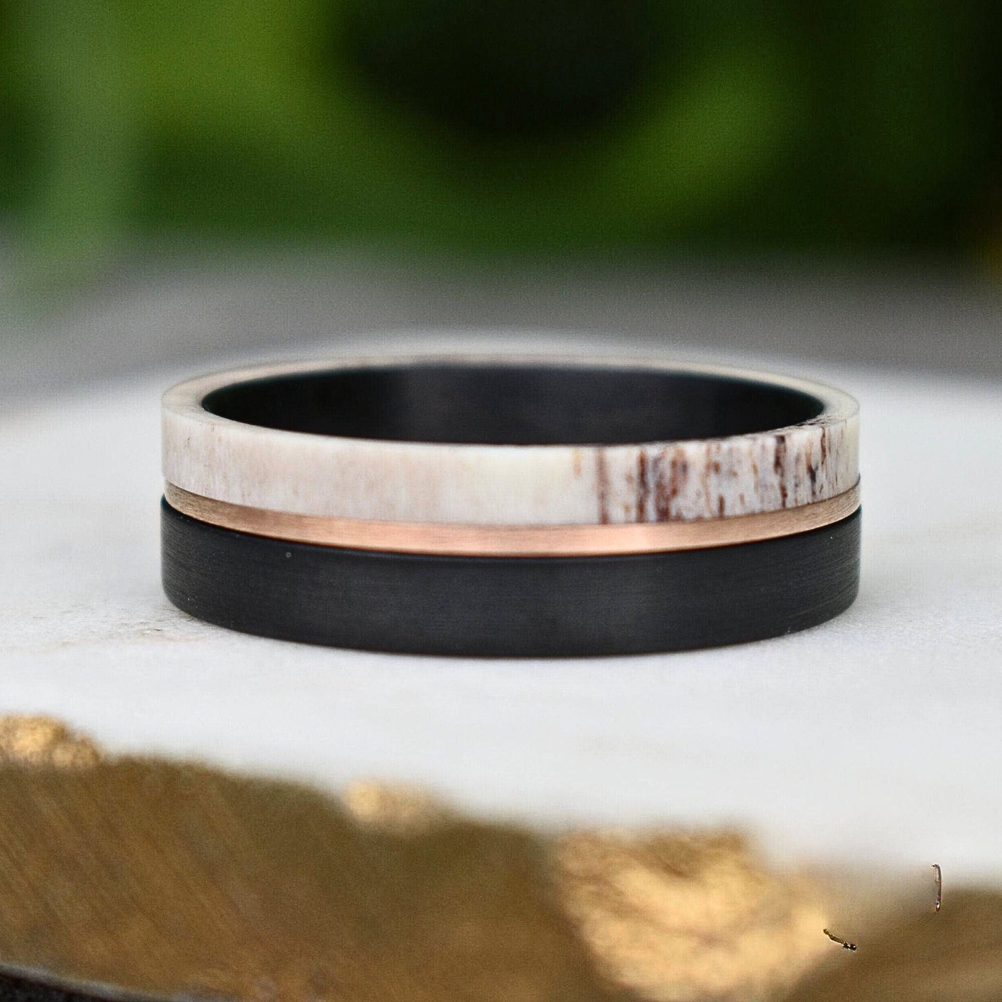 Deer Antler and Brushed Black 8mm Tungsten Ring with Rose Gold Center - Tungsten Titans