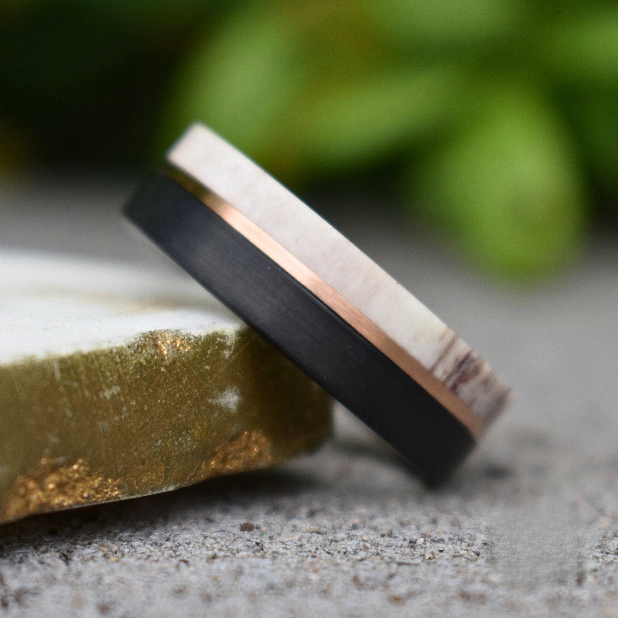 Deer Antler and Brushed Black 8mm Tungsten Ring with Rose Gold Center - Tungsten Titans