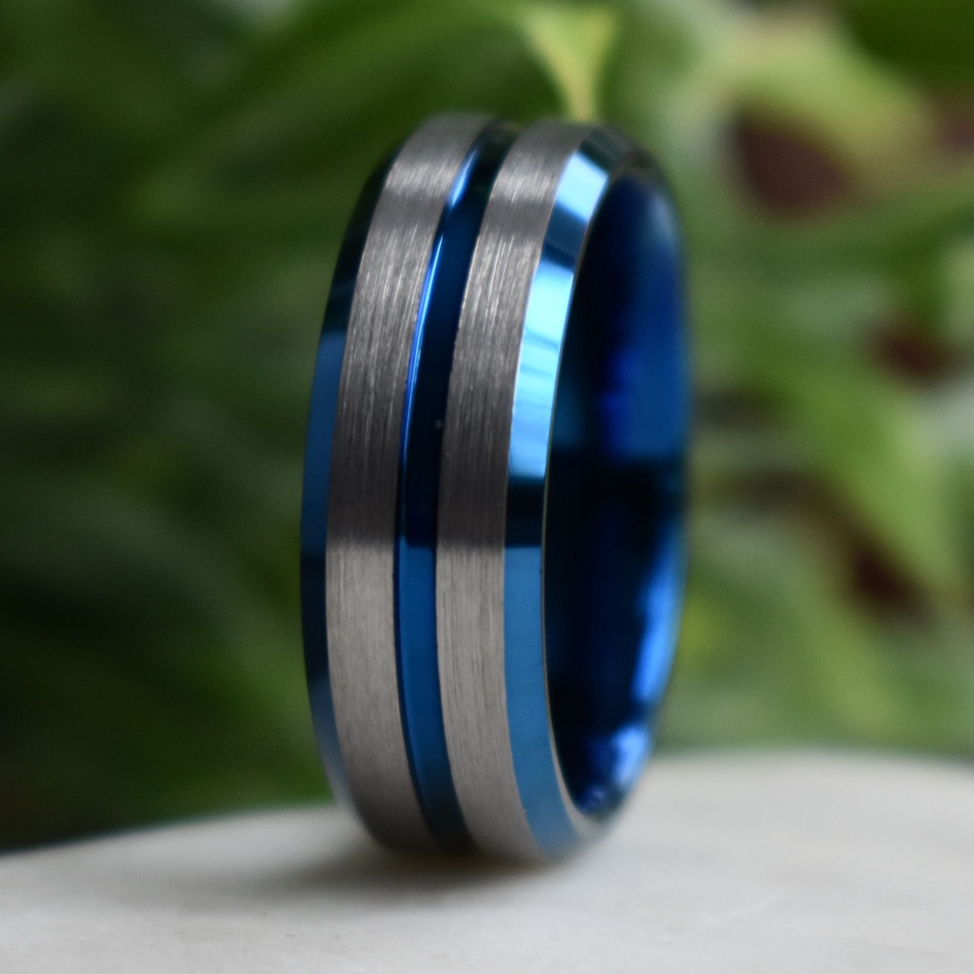 Tungsten 8mm Ring Blue with Silver Accent Stripes - Tungsten Titans
