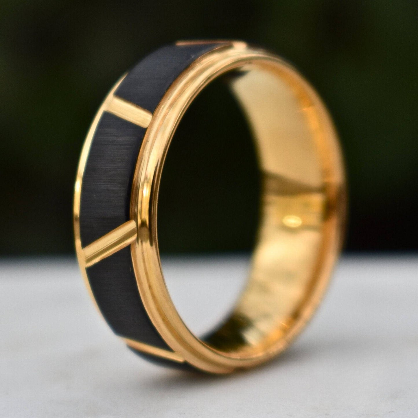 Tungsten 8mm Ring Gold With Raised Black Center Design - Tungsten Titans