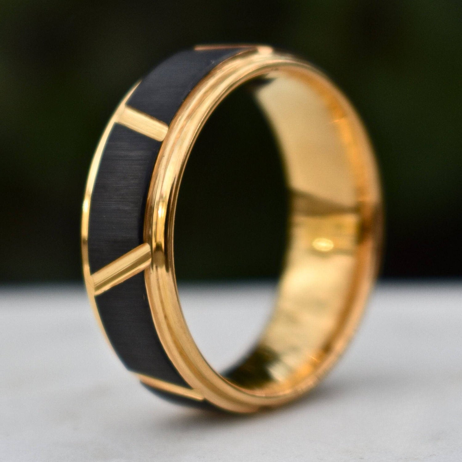 Tungsten 8mm Ring Gold With Raised Black Center Design - Tungsten Titans