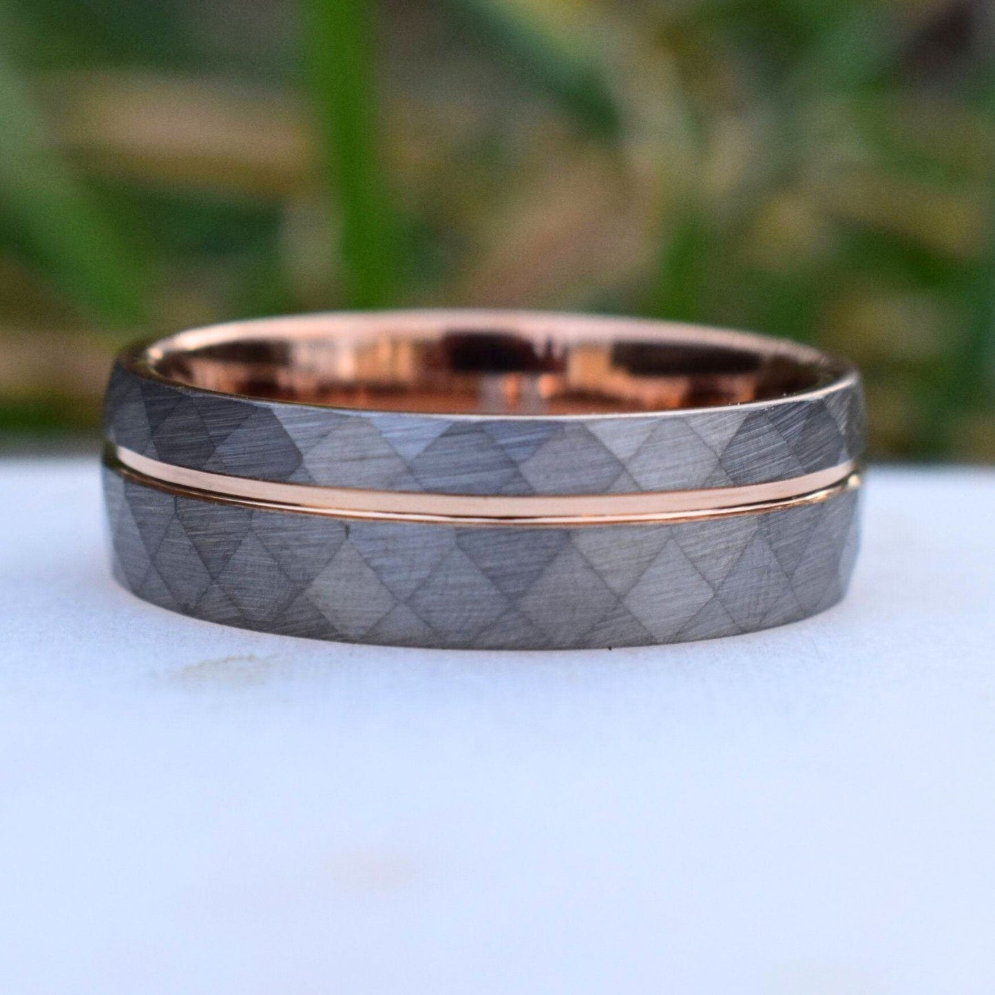 Hammered 8mm Tungsten Ring with Rose Gold Accent - Tungsten Titans