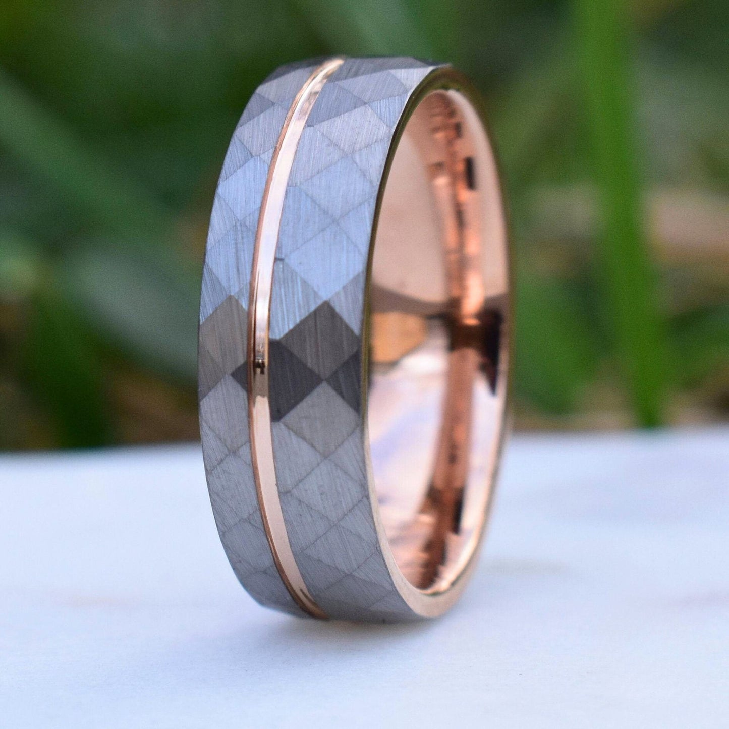 Hammered 8mm Tungsten Ring with Rose Gold Accent - Tungsten Titans