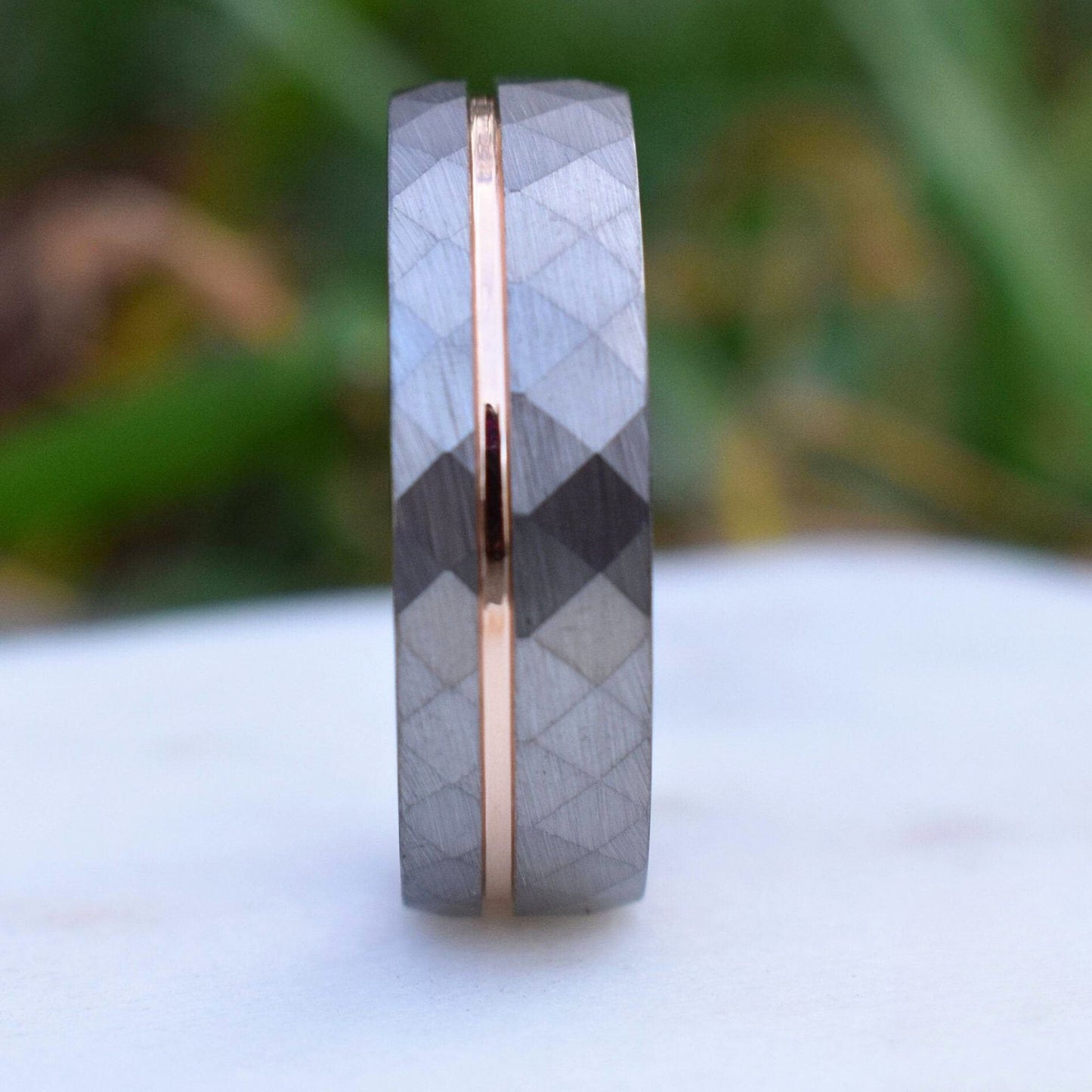 Hammered 8mm Tungsten Ring with Rose Gold Accent - Tungsten Titans