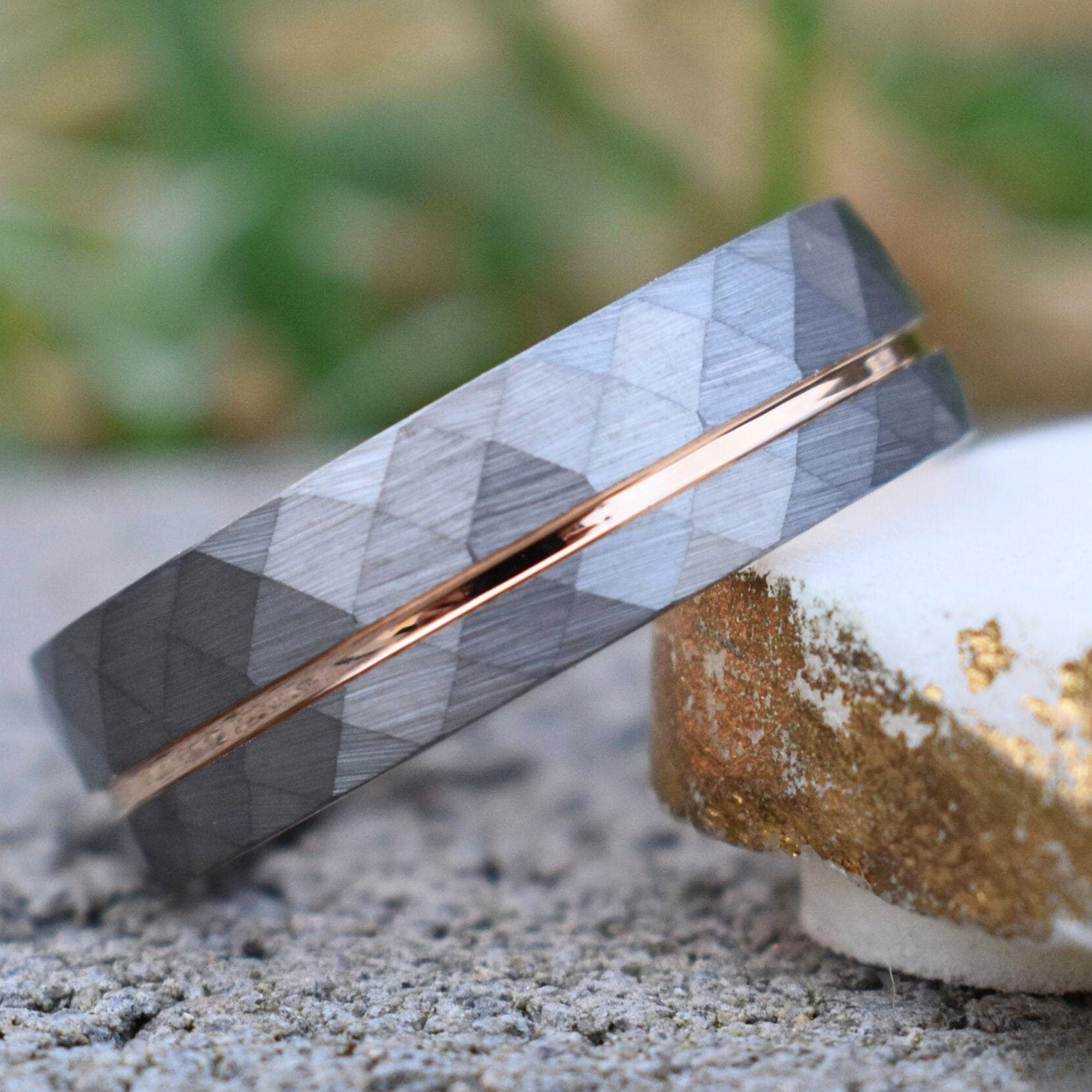 Hammered 8mm Tungsten Ring with Rose Gold Accent - Tungsten Titans