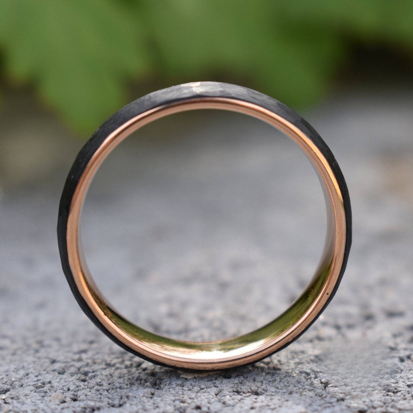 Hammered Black Tungsten 6mm Ring with Rose Gold Band