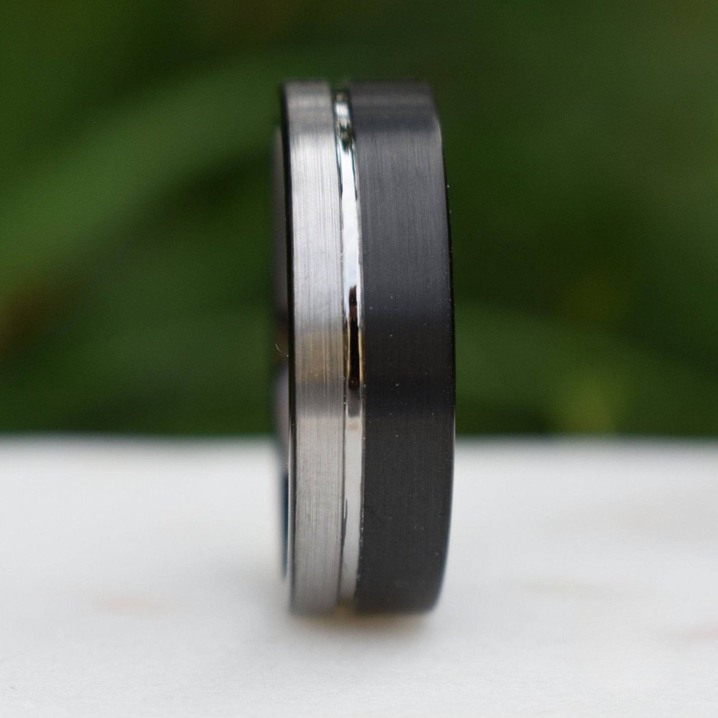 Tungsten Ring 8mm Black and Silver Brushed with Polished Silver Accent - Tungsten Titans