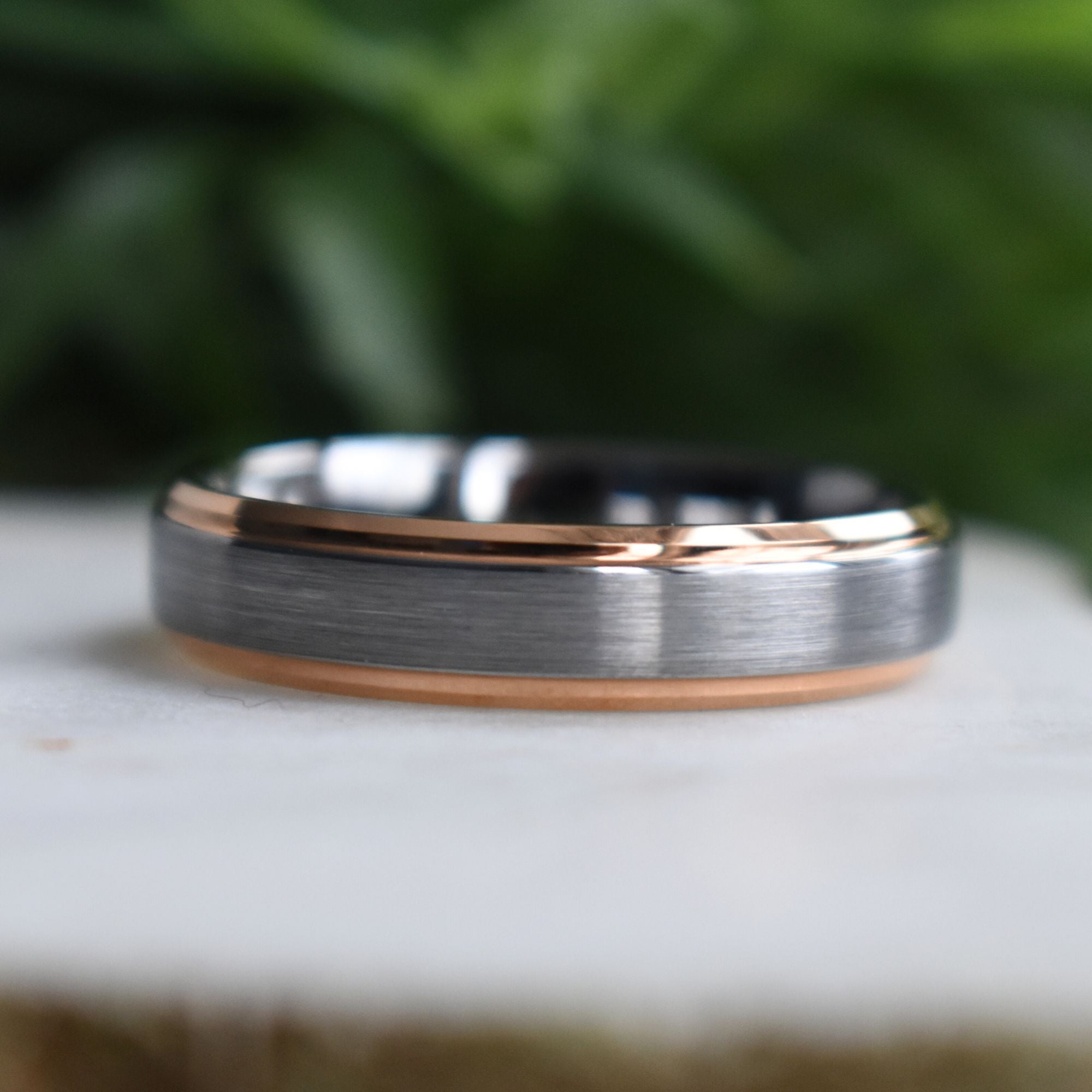 Tungsten 6mm Ring Brushed Silver with Rose Gold Beveled Edges - Tungsten Titans